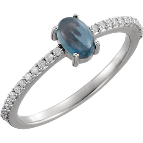 14k White Gold 6x4mm Oval Cabochon London Blue Topaz & 1/8 CTW Diamond Ring, Size 7