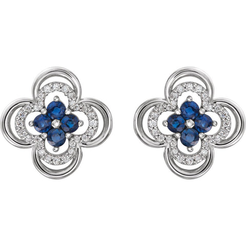 14k White Gold Genuine Blue Sapphire & 1/5 CTW Diamond Clover Earrings