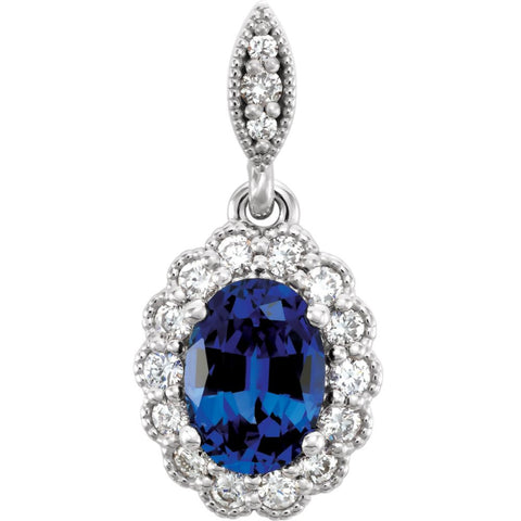 14k White Gold Chatham® Created Blue Sapphire and 1/5 CTW Diamond Pendant