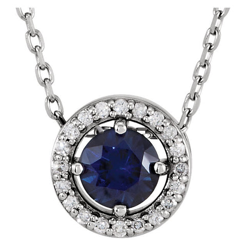 14k White Gold Blue Sapphire and .05 CTW Diamond Necklace