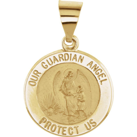 14k Yellow Gold 15mm Round Hollow Guardian Angel Medal