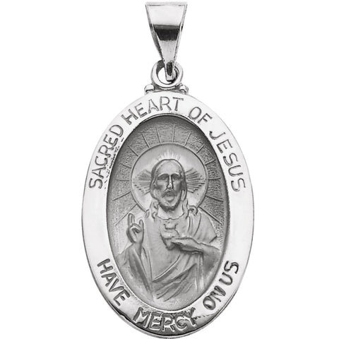 14k White Gold 23.25x16mm Hollow Oval Sacred Heart of Jesus Medal