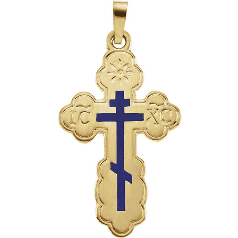 14k Yellow Gold 26x17mm Orthodox Cross Pendant with Blue Enamel