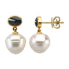 Elegant and Stylish Pair of 08.00X06.00 MM and 12.00 MM South Sea Cultured Pearl & Genuine Onyx Earrings in 14K White Gold, 100% Satisfaction Guaranteed.