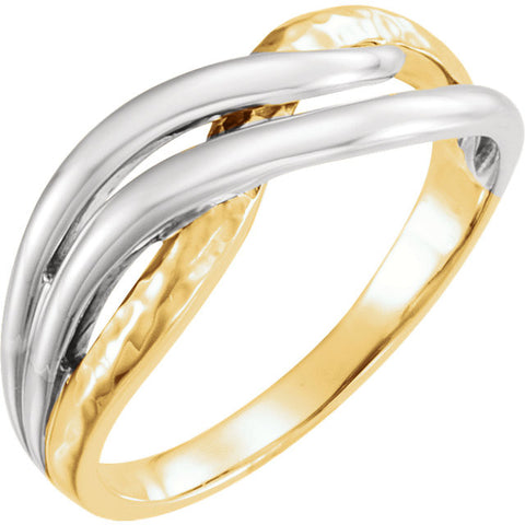 14K Yellow & White Overlap Hammered Ring, Size 7