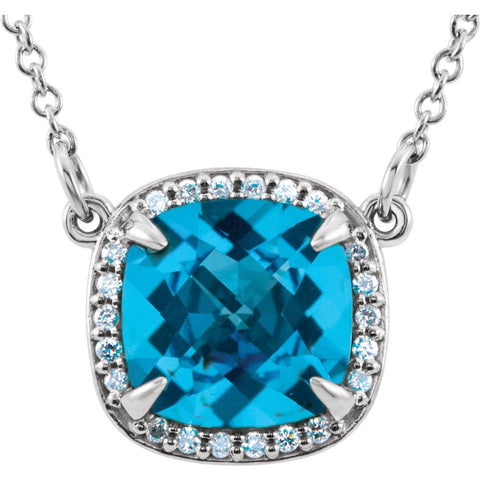 14k White Gold Swiss Blue Topaz & .06 CTW Diamond 16" Necklace