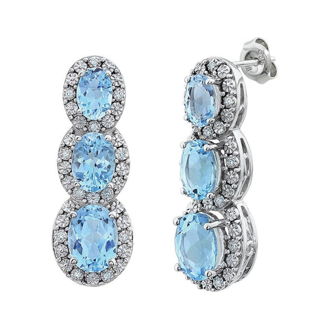 14k White Gold Sky Blue Topaz & .07 CTW Diamond 3-Stone Earrings