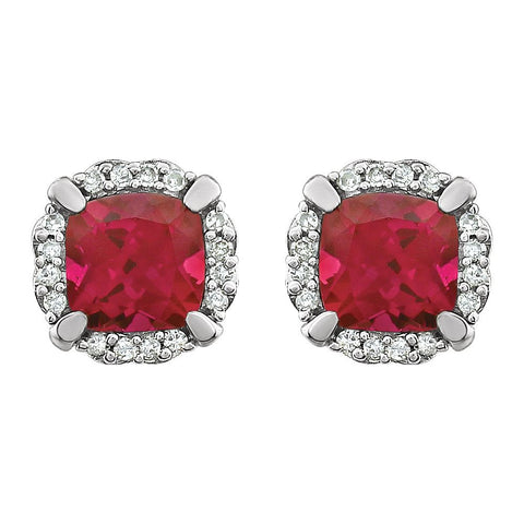 14k White Gold Created Ruby & 1/10 CTW Diamond Earrings