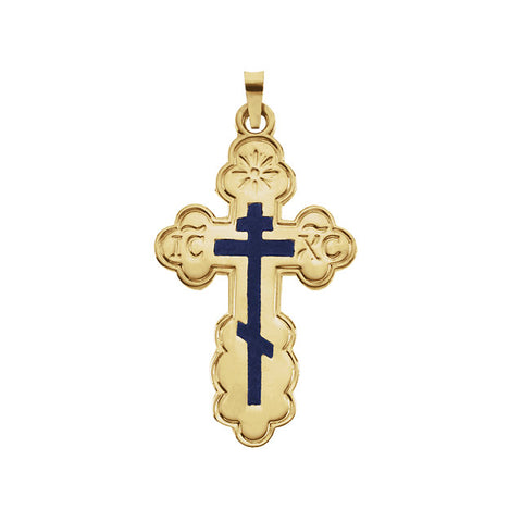 14k Yellow Gold 32x21mm Orthodox Cross Pendant with Blue Enamel