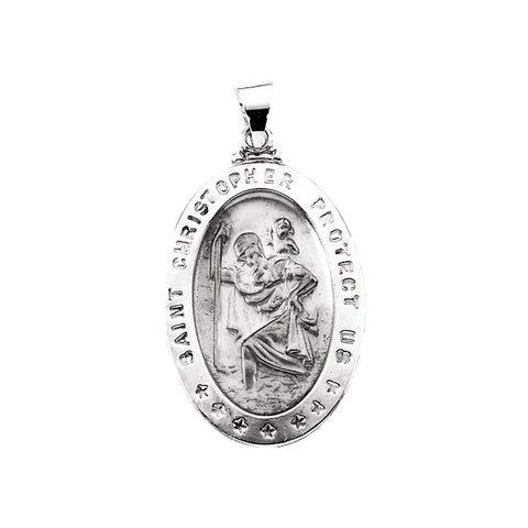 14k White Gold 28.75x20.00mm Hollow Oval St. Christopher Medal