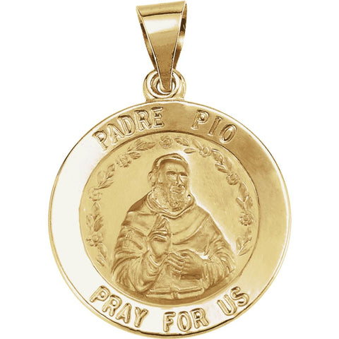 14k Yellow Gold 18.75mm Round Hollow Padre Pio Medal