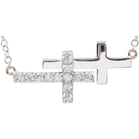 Sterling Silver Cubic Zirconia Double Sideways Cross 18" Necklace