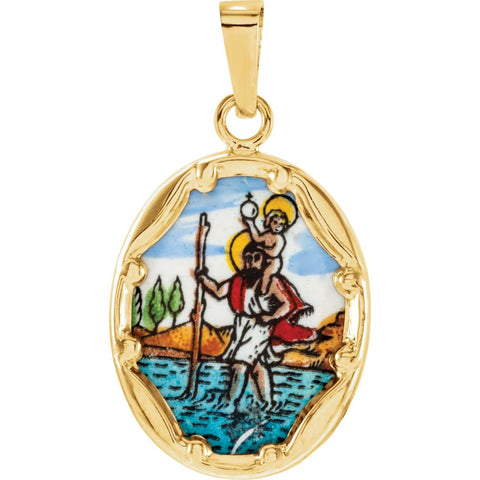 14k Yellow Gold 17x13.5mm St. Christopher Hand-Painted Porcelain Medal