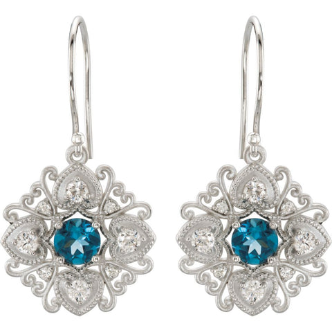 14k White Gold London Blue Topaz & 1/2 CTW Diamond Vintage-Style Earrings