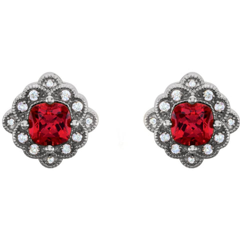 14k White Gold Chatham® Created Ruby & 1/10 CTW Diamond Earrings