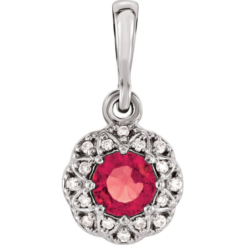 14k White Gold Ruby & .04 CTW Diamond Halo-Style Pendant