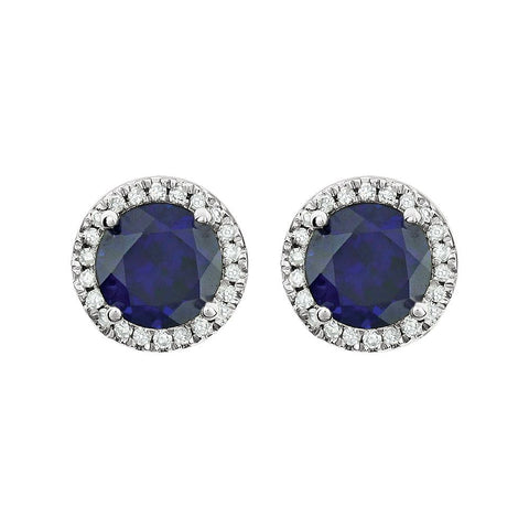 14k White Gold Created Blue Sapphire & 1/8 CTW Diamond Earrings