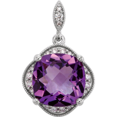 14k White Gold Checkerboard Amethyst & Diamond Pendant