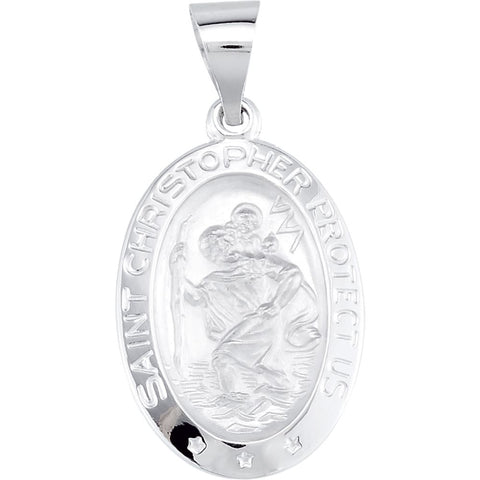 14k White Gold 19x13.5mm Oval St. Christopher Hollow Medal