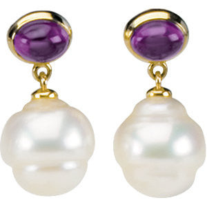 14k Yellow Gold South Sea Cultured Pearl & Amethyst Earrings