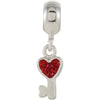 Sterling Silver 5.75x23.5mm Heart Shaped Key with Red Crystals Dangle Bead