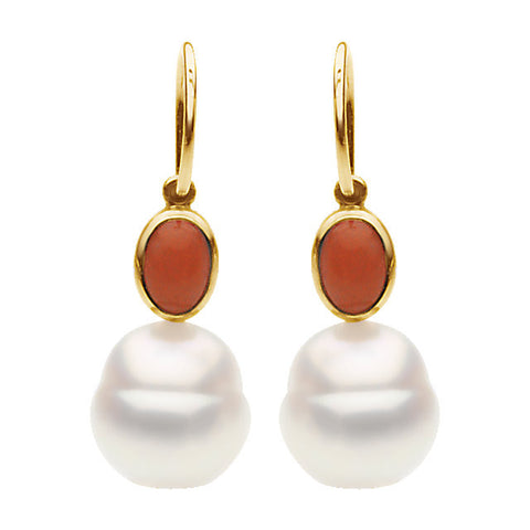 14k White Gold Coral & South Sea Cultured Pearl Earrings