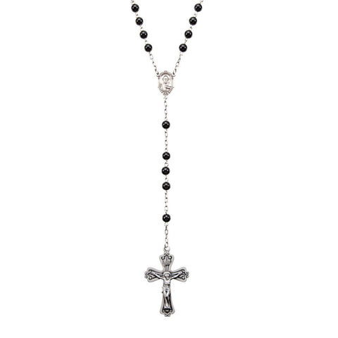 Black Onyx Bead Rosary in Sterling Silver