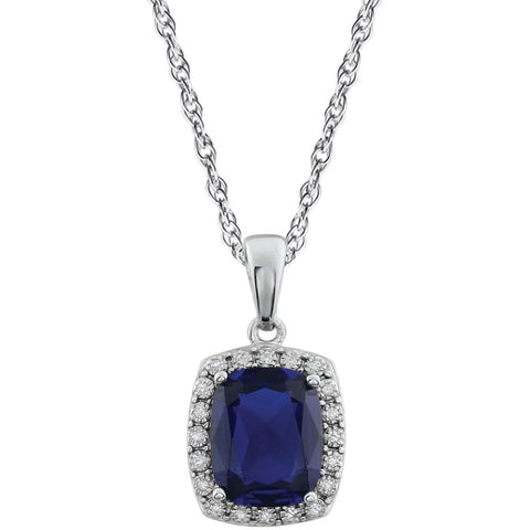 14k White Gold Created Blue Sapphire & .05 CTW Diamond Necklace