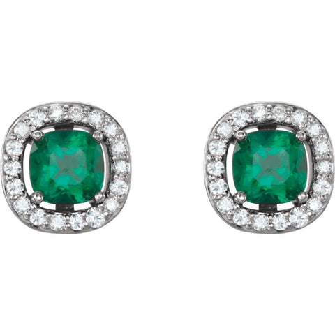 14k White Gold Chatham® Created Emerald & .08 CTW Diamond Earrings