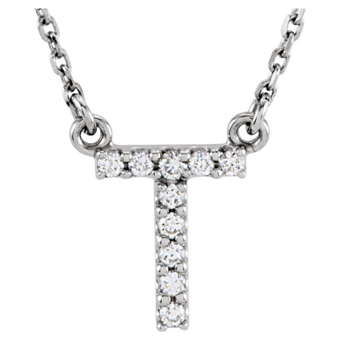 14k White Gold Letter "T" 1/10 CTW Diamond 16" Necklace