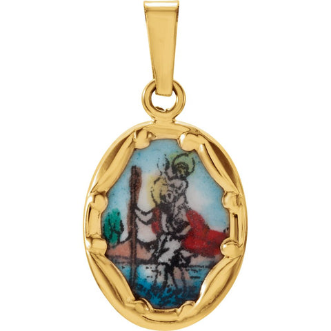 14k Yellow Gold 13x10mm St. Christopher Hand-Painted Porcelain Medal