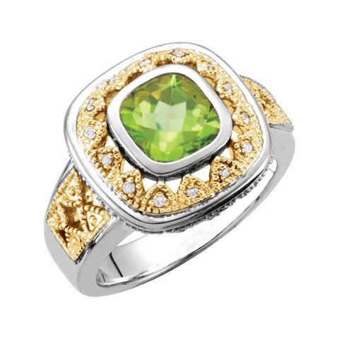 Sterling Silver & 14k Yellow Gold Peridot & Diamond Granulated Design Ring, Size 7