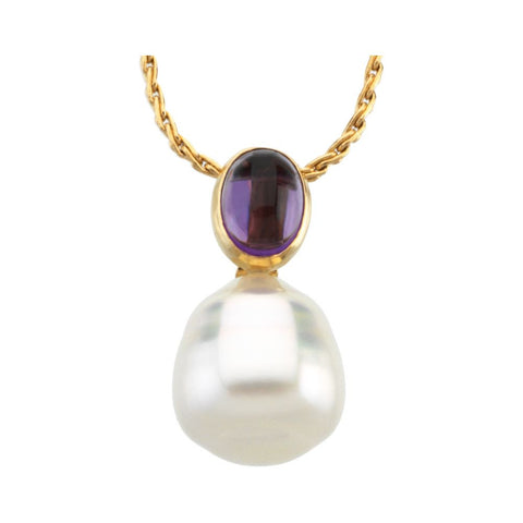 Elegant and Stylish 07.00 X 05.00 MM and 11.00 MM South Sea Cultured Pearl and Genuine Amethyst Pendant in 14K White Gold, 100% Satisfaction Guaranteed.