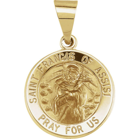 14k Yellow Gold 15mm Round Hollow St. Francis of Assisi Medal