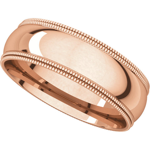 14k Rose Gold 6mm Double Milgrain Comfort Fit Band, Size 7