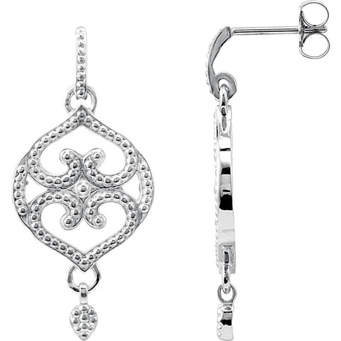 14k White Gold Granulated Design Fashion Dangle Earrings with Backs