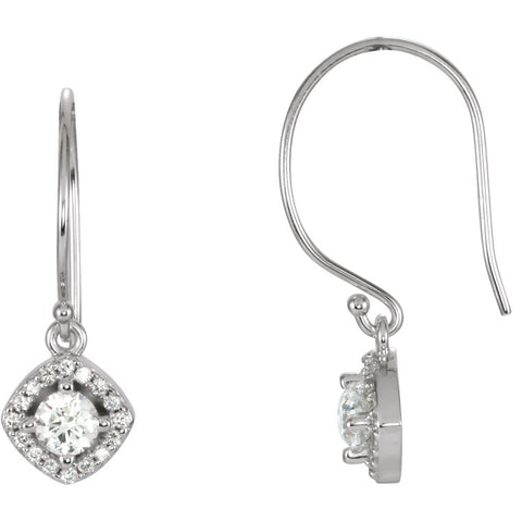 Pair of 5/8 CTTW Halo-Styled Dangle Earrings with Cushion Frame in 14k White Gold