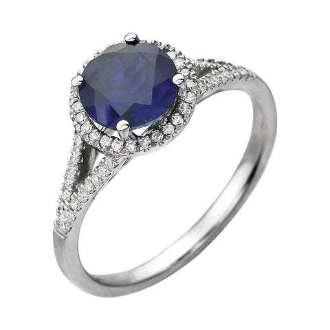 14k White Gold Lab Grown Blue Sapphire & 1/6 CTW Diamond Ring , Size 7