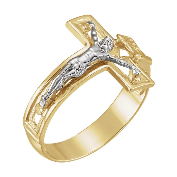 14k White/Yellow Gold Men's Crucifix Ring, Size 11