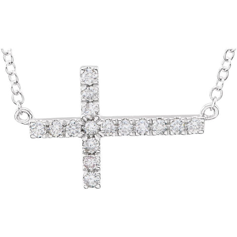 14k White Gold 1/5 CTW Diamond Sideways Cross 18" Necklace