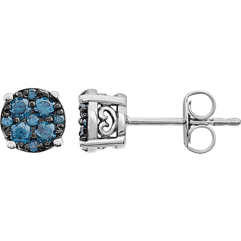 14k White Gold 3/8 CTW Blue Diamond Cluster Earrings