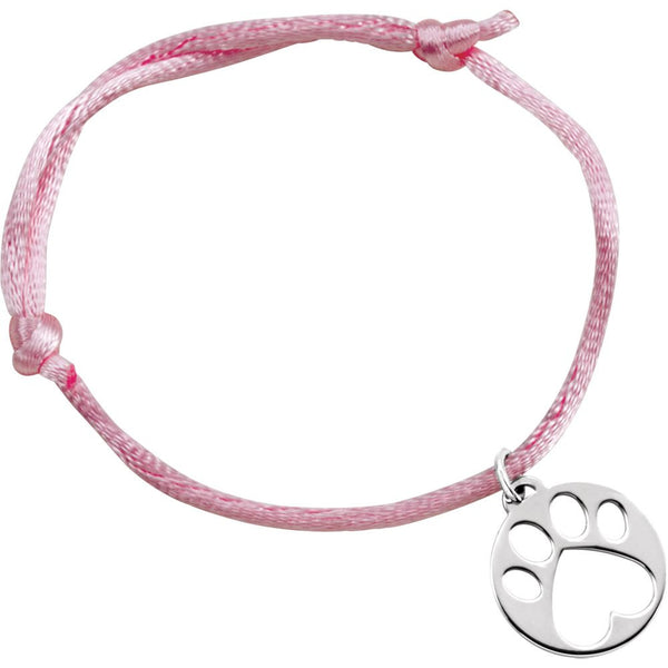 14k White Gold Pink Satin Cord Adjustable Bracelet with Paw Charm