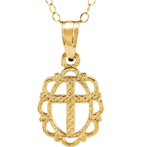 14k Yellow Gold Disc with Cross 15" Youth Necklace & Packaging