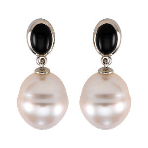 14k White Gold Oval Onyx Dangle Earrings
