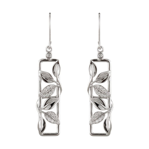 14k White Gold 1/4 CTW Diamond Drop Earrings with Leaf Design & Accent