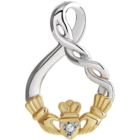 Sterling Silver/10k Yellow Gold .01 CT Diamond Claddagh Pendant with Rhodium