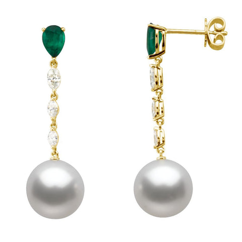 18k Yellow Gold South Sea Cultured Pearl, Genuine Emerald & Diamond Earrings