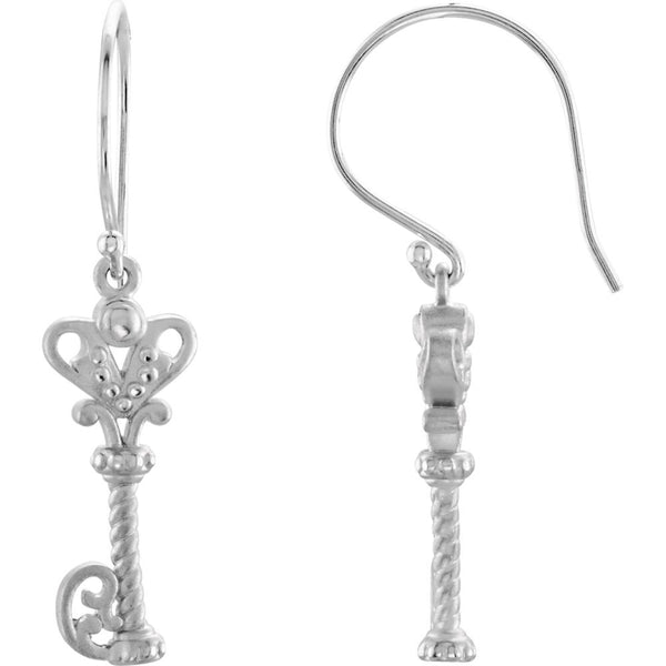 Sterling Silver Vintage-Style Key Design Dangle Earrings