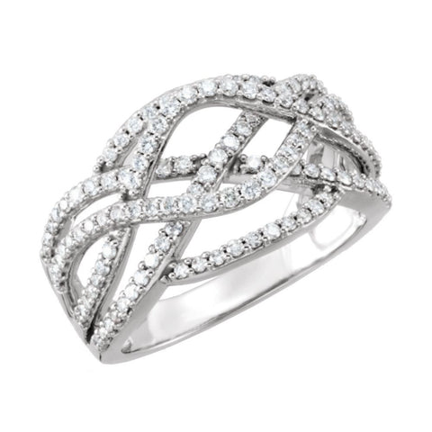 14k White Gold 3/4 CTW Diamond Criss Cross Ring, Size 7