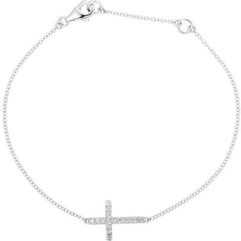 Sterling Silver Cubic Zirconia Sideways Cross 8-inch Bracelet